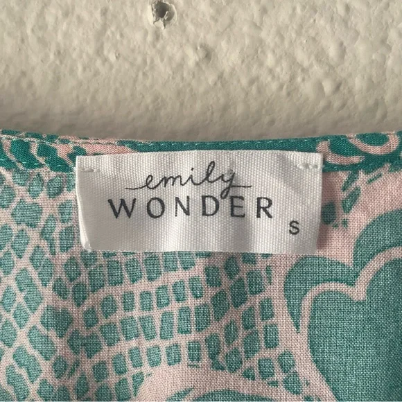 Emily Wonder Floral Blouse Womens S Green Hibiscus Checkered Flared Sleeves Boho - Picture 2 of 10